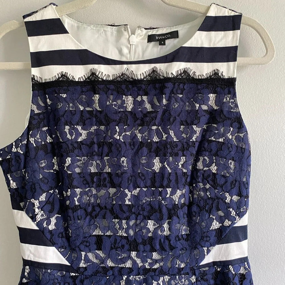 NWT RW&Co Cotton Blend Nautical Lace Striped Navy & White Cocktail Dress Size 6 - Picture 4 of 12